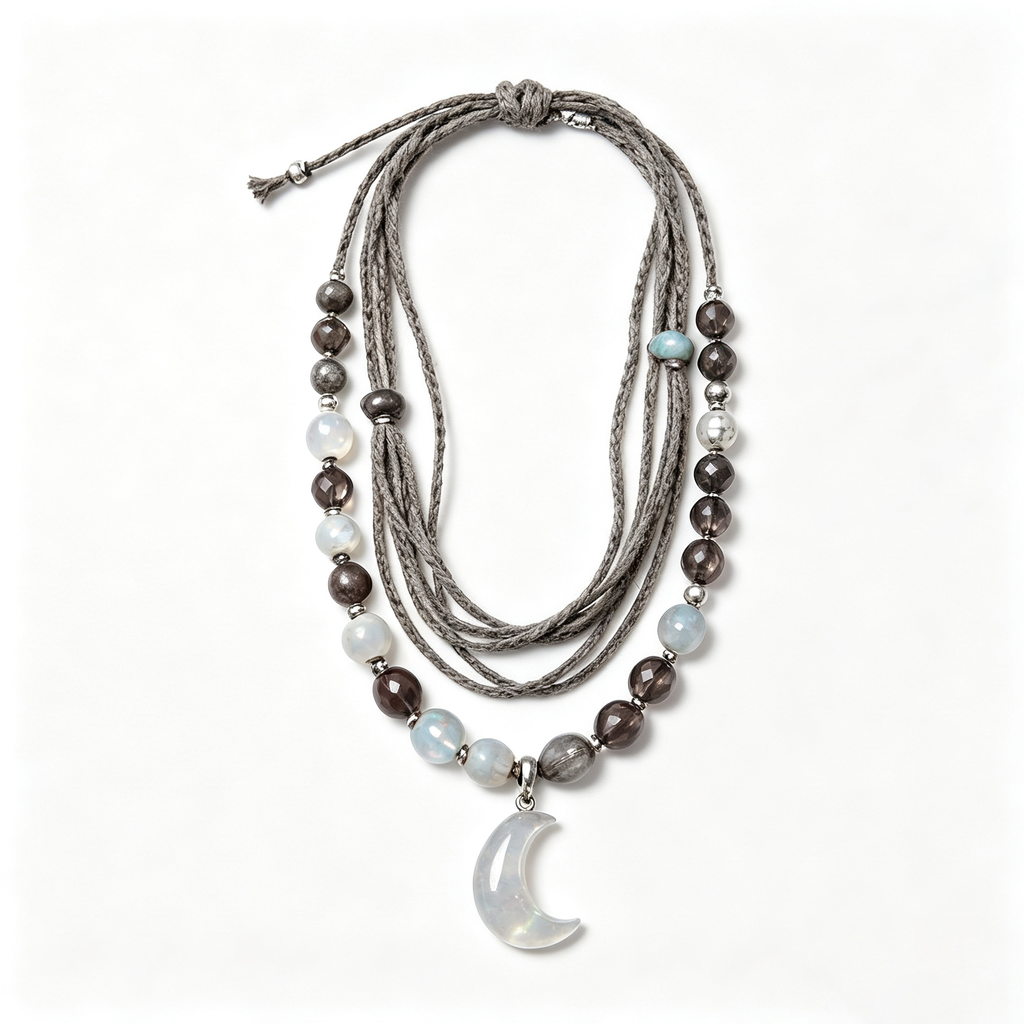 Moonlight Crescent Bohemian Layered Cord Necklace