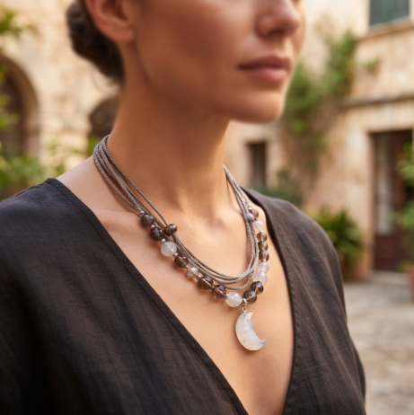 Moonlight Crescent Bohemian Layered Cord Necklace