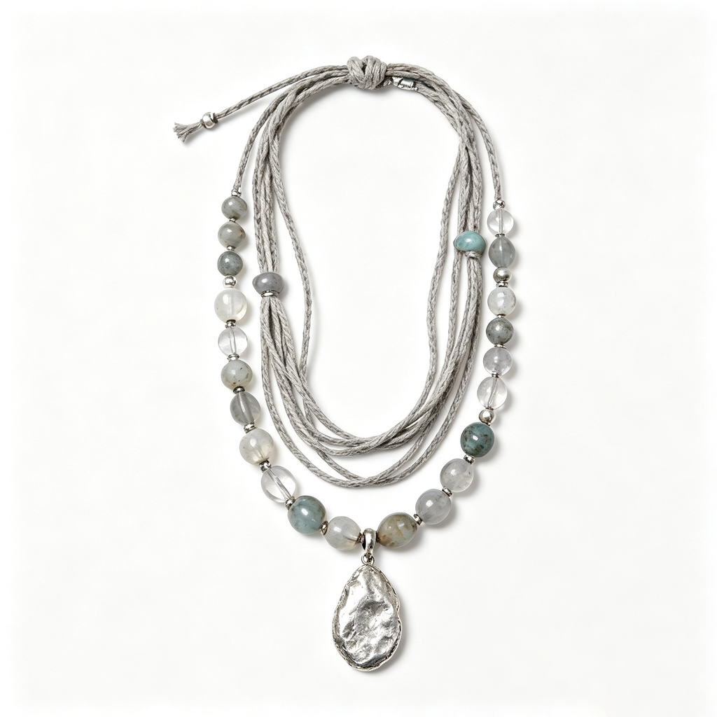 Silver Moonstone Bohemian Layered Pendant Necklace