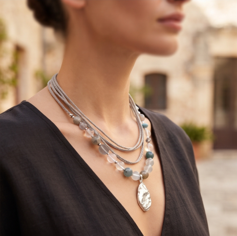 Silver Moonstone Bohemian Layered Pendant Necklace