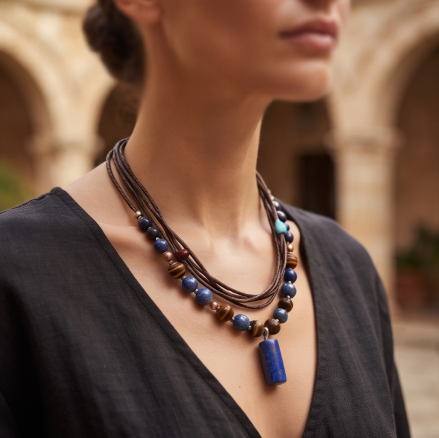 Midnight Blue Lapis Bohemian Layered Pendant Necklace