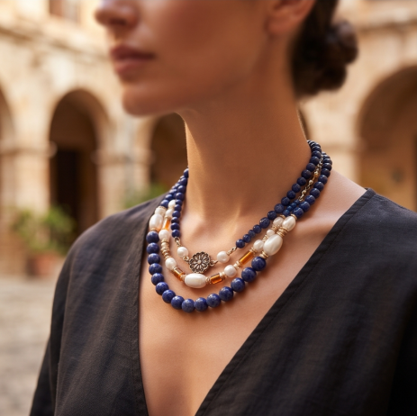 Sapphire Ocean Pearl Layered Bohemian Necklace