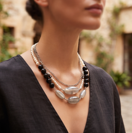 Midnight Pearl Moonstone Layered Statement Necklace